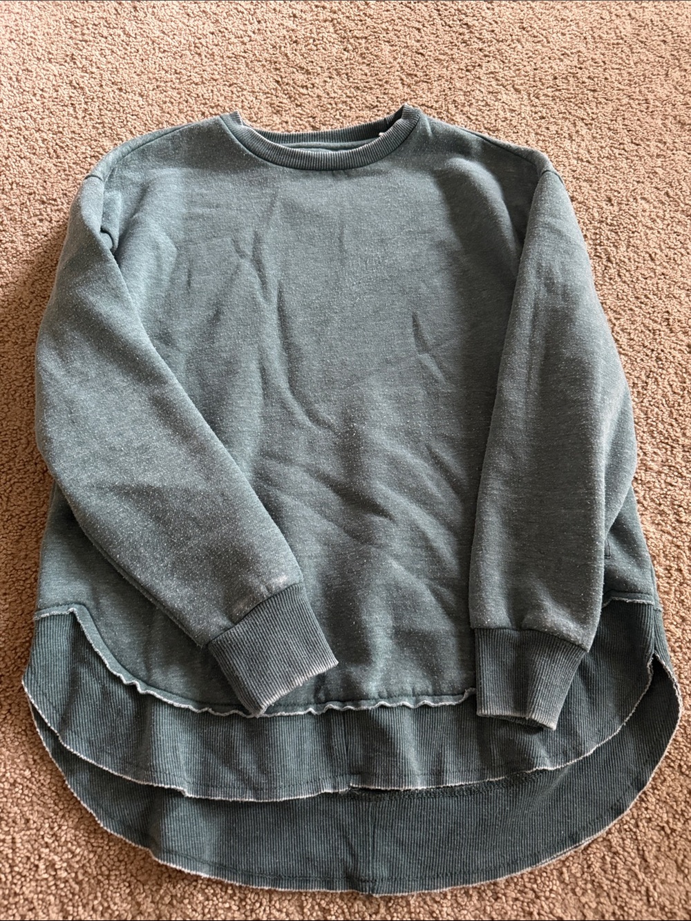 Washed Slate Green Layered-Hem Crewneck Sweatshirt